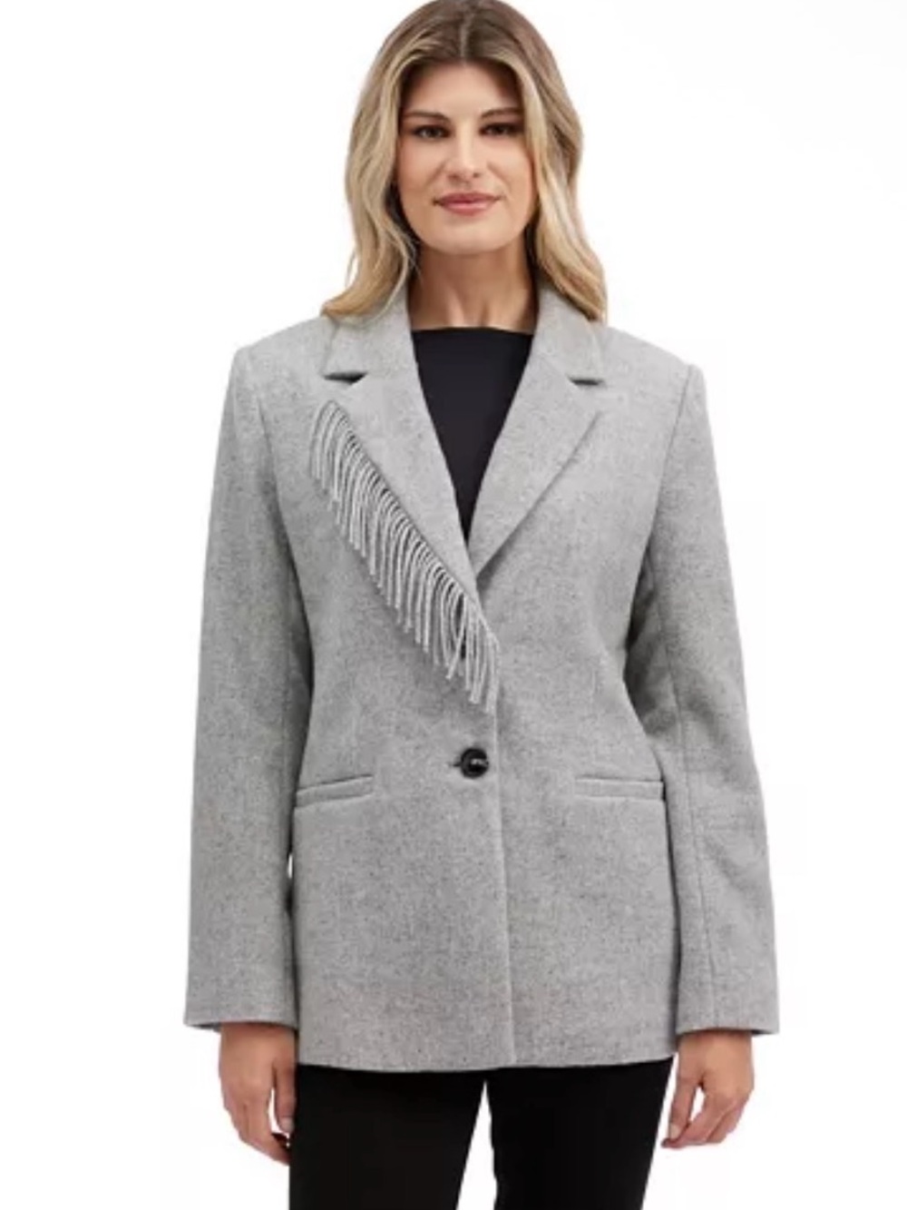 NVLT Light Grey Wool Blend Fringe Lapel Blazer Coat Women's Small New Oversized